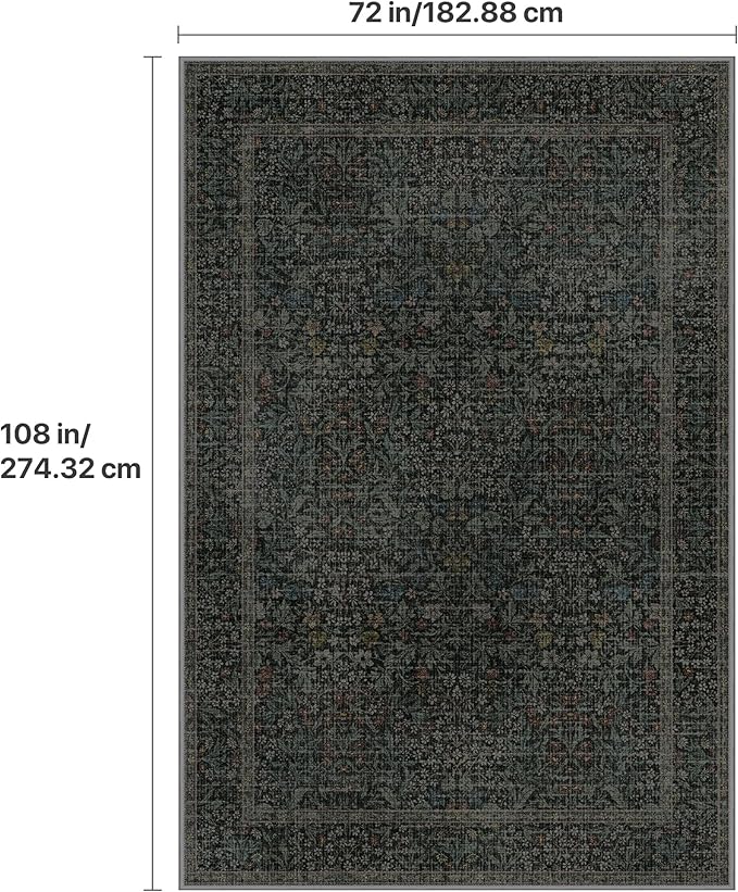 GENIMO 6x9 Area Rug for Living Room, Washable Vintage Floral Low-Pile Non-Slip Large Carpet for Bedroom Dining Room, Stain Resistant Botanical Indoor Rug (Charcoal Green)