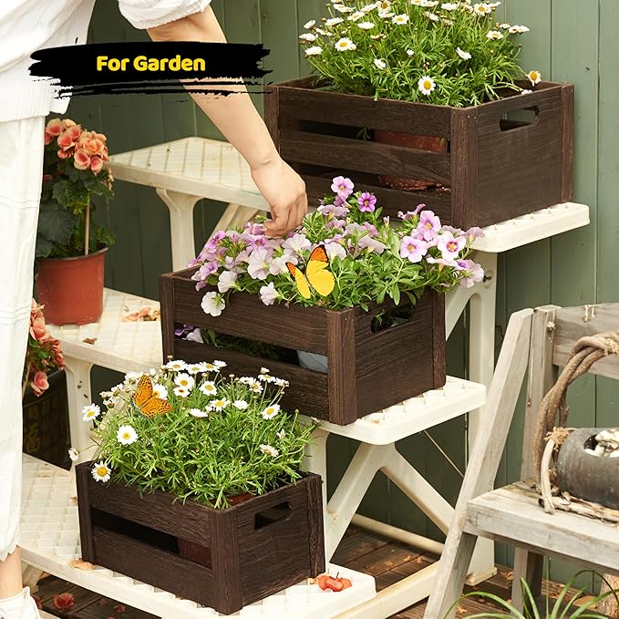 Wooden Crates 3 Pack, Nesting Handmade Wood Crates for Storage, No Installation Wooden Storage Box with Cutout Handle for Display & Decor, Brown