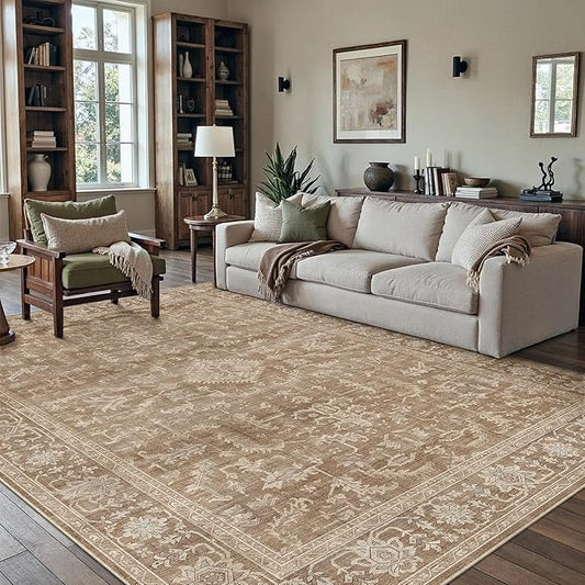 PureCozy 5x7 Brown Area Rug Vintage Washable Living Room Boho Carpet Non Slip Bedroom Indoor Office Low Pile Traditional Distressed Retro Accent Rug for Dining Room Bathroom Office Kitchen Dorm