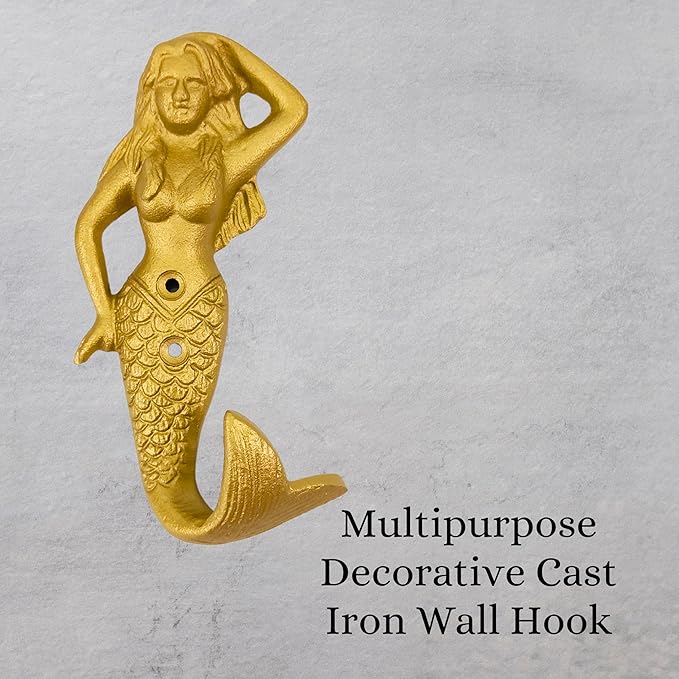 Set of 2 Cast Iron Mermaid Coat Hooks Wall Art Decor-Mermaid Hangers and Key Holder-Clothes Rack and Backpack Hanger-Coat Hooks Home Decor for Storage, Living Room, Hallway, Office (Gold)