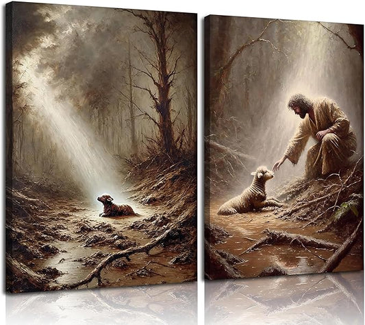 2Pcs Jesus and Lamb Wall Art The Good Shepherd Wall Decor Religious Christian Canvas Painting Jesus Saves the Lost Sheep Poster Prints for Church Bedroom Living Room Home Decoration 12"x16"