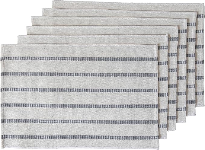 Caflife Boho Farmhouse Placemats Set of 6, Grey Stripes Cotton Linen Woven Table Mats for Modern Dining Table, 13x19 Inch Rustic Kitchen Decor Place Mats