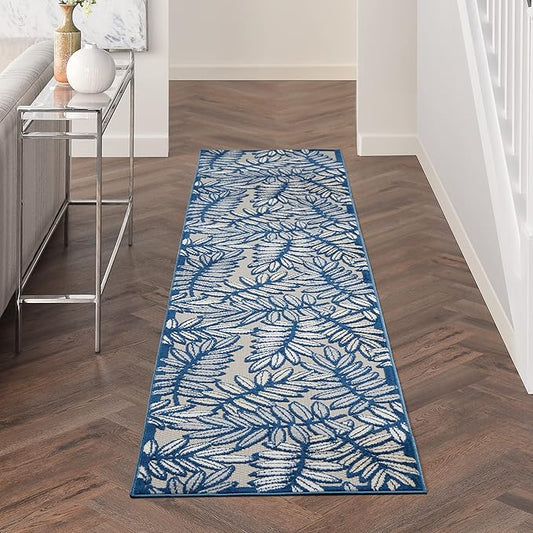 Nourison Home Aloha Ivory Navy 2'3" x 12' Area Rug - Easy Clean, Non Shedding, Bed Room, Living Room, Dining Room, Kitchen (12' Runner)