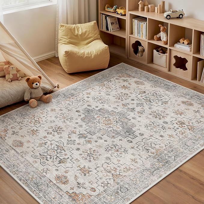 GENIMO 5x7 Area Rugs for Living Room,Machine Washable Non-Slip Vintage Rug, Low Pile Lightweight Carpet for Bedroom, Dining Room, Home Office, Stain & Fade Resistant,Grey