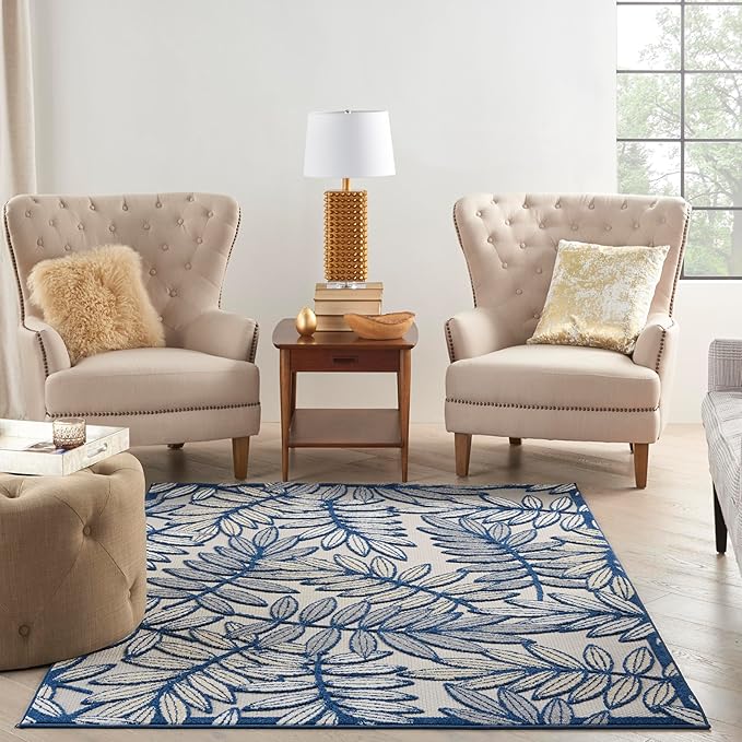 Nourison Home Aloha Ivory Navy 6' x 9' Area Rug - Easy Clean, Non Shedding, Bed Room, Living Room, Dining Room, Kitchen (6' x 9')