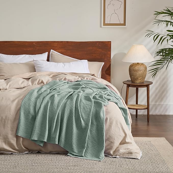 Bedsure Gentlesoft 100% Cotton Blanket King Size for Bed - Breathable and Soft, Thick Cozy Waffle Weave Christmas Blanket Gift for Women, Sage Green, 104x90 inches