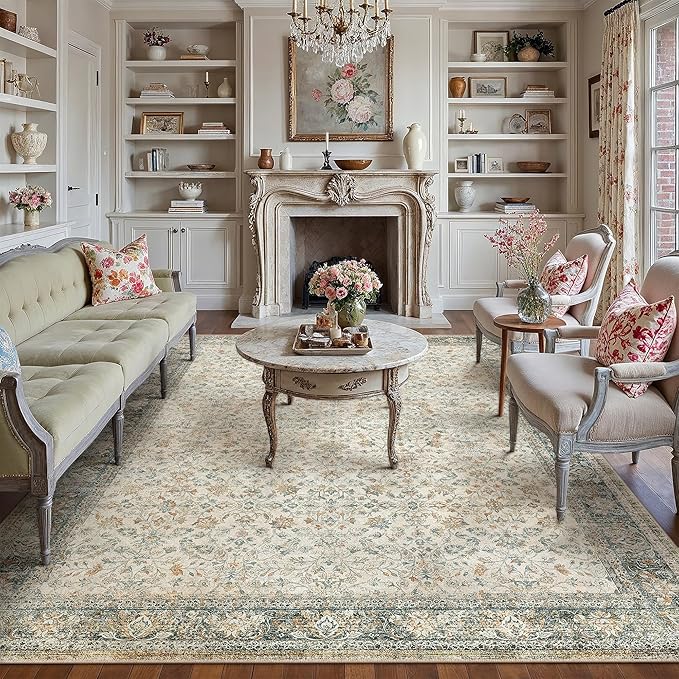 PureCozy Beige Area Rug 6x9 Living Room Machine Washable Vintage Carpet Non Slip Indoor Retro Traditional Accent Throw Large Rug for Office Bedroom Dining Room Playroom