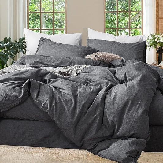 MooMee Bedding Duvet Cover Set 100% Washed Cotton Linen Like Textured Breathable Durable Soft Comfy (Heathered Dark Grey, Oversized Queen 98"x98")