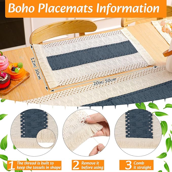 6 Sets Boho Placemats Round Woven Placemats, Cloth Napkins, Wood Bead Napkin Rings, Long Table Runner and Farmhouse Rustic Natural Burlap Cotton for Kitchen Dining Table Home (Blue)