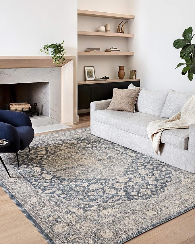 Loloi Teagan Collection TEA-01 Denim/Mist 5'-3" x 7'-6" Area Rug, Large, Soft Neutral Rug, High-Traffic for Living Room, Bedroom, Home Office, Dining Area