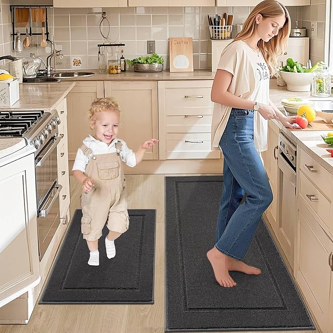 JSEI Non-Slip Kitchen Mats, Self Adhesive No Sliding Kitchen Rugs Set of 2, Washable Absorbent Floor Mat for Kitchen, Bathroom, Laundry Room, Bedroom, 24”x36”+24”x60”, Dark Grey, Rectangular Pattern