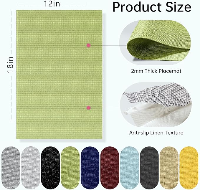 Blue Forest Placemats Set of 8, Dual-Layered Thickened Faux Linen Table Mats Heat Resistant Machine Washable Wrinkle Free Place Mats for Kitchen Dining Outdoor/Indoor (Grass Green)
