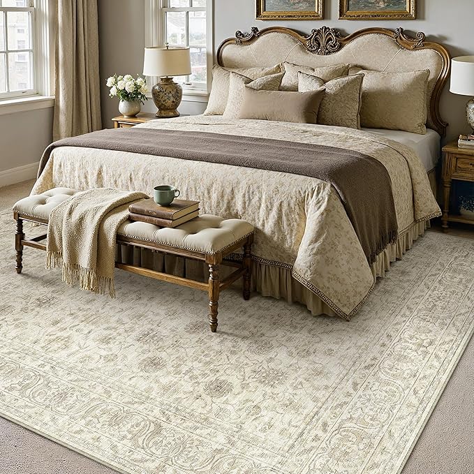 PureCozy 6x9 Area Rug Machine Washable Living Room Bedroom Vintage Distressed Non Slip Carpet Indoor Large Low Plie Thin Beige Dining Room Office Retro Accent Throw Rug