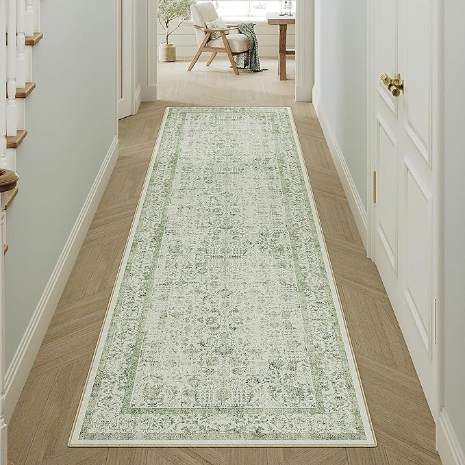 PureCozy Runner Rug 2x5 Sage Green Hallway Washable Vintage Distressed Kitchen Carpet Non Slip Neutral Low Pile Retro Floral Farmhouse Long Throw Rug Entryway Bathroom Office Laundry Dining Room