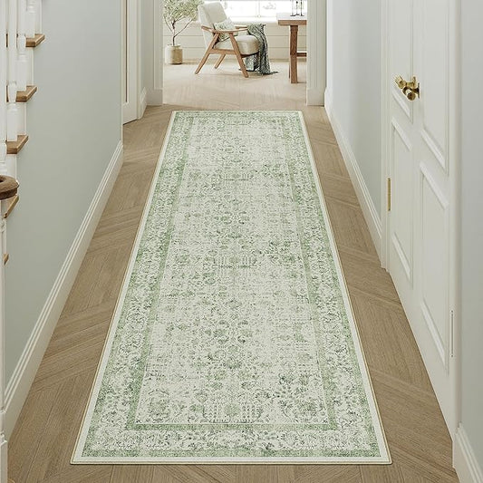 PureCozy Runner Rug 2x5 Sage Green Hallway Washable Vintage Distressed Kitchen Carpet Non Slip Neutral Low Pile Retro Floral Farmhouse Long Throw Rug Entryway Bathroom Office Laundry Dining Room