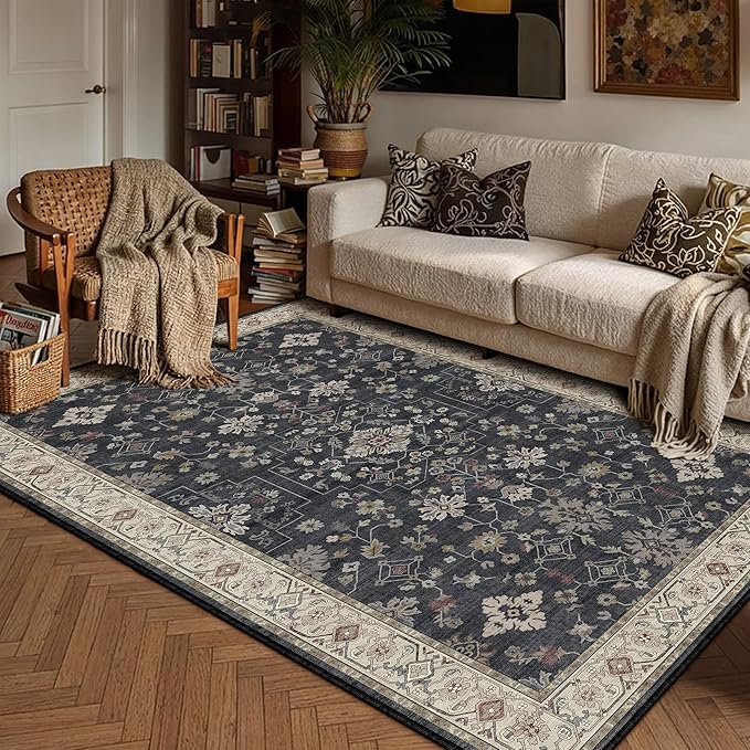 PureCozy Black 3x5 Area Rug Washable Entryway Vintage Carpet Small Indoor Office Non Slip Low Pile Thin Soft Stain Resistant Accent Throw Rug for Laundry Door Mat Kitchen Bathroom Bedroom Bedside