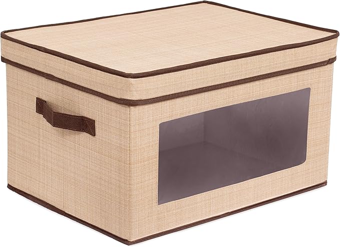 Internet's Best Storage Box with Window - Durable Storage Bin Basket Containers with Lids and Handles - Clothes Nursery Toys Organizer - Brown (Beige)