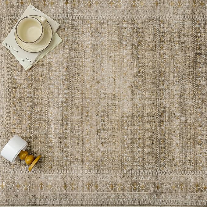 PureCozy Brown 8x10 Area Rug for Living Room Washable Vintage Distressed Large Carpet Bedroom Low Pile Non Slip Indoor Soft Retro Throw Accent Rug Office Kitchen Bathroom Dining Room