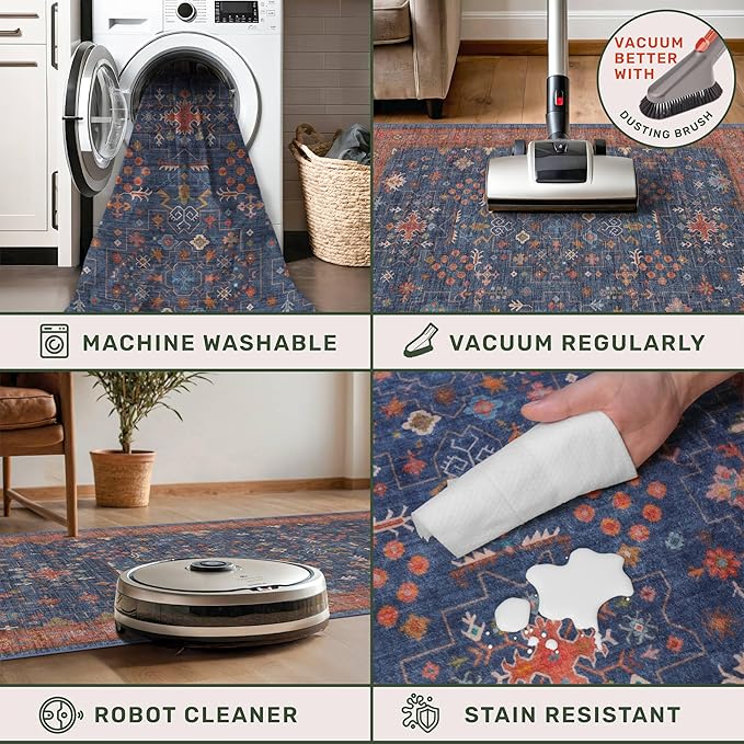 Navy Blue 2x8 Long Runner for Kitchen, 8ft Runner Rugs for Entryway, Hallway, Washable Non Skid Rubber Backing Low Pile Stain Resistance Floral Carpet