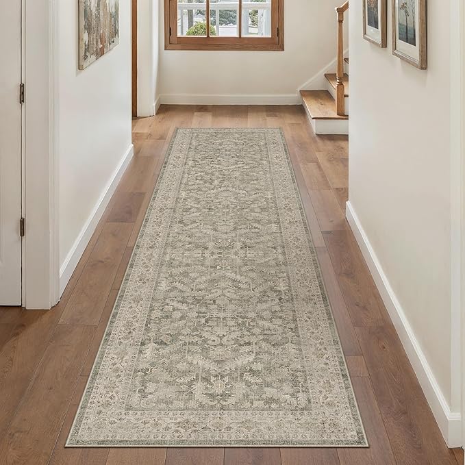 PureCozy Brown 2x8 Runner Rug Vintage Area Carpet Hallway Indoor Kitchen Washable Low Pile Traditional Distressed Retro Accent Throw Rug Non Slip for Laundry Bathroom Office
