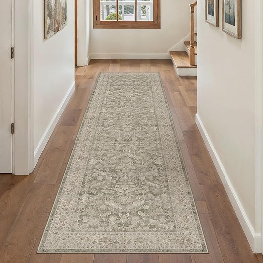 PureCozy Brown 2x8 Runner Rug Vintage Area Carpet Hallway Indoor Kitchen Washable Low Pile Traditional Distressed Retro Accent Throw Rug Non Slip for Laundry Bathroom Office