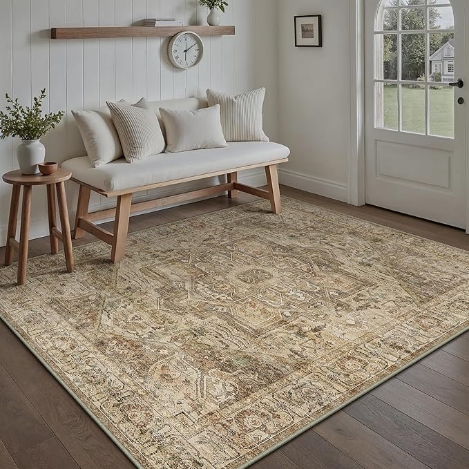 PureCozy Brown Multi Area Rug 6x9 Vintage Washable Distressed Living Room Carpet Large Indoor Non Slip Traditional Medallion Retro Low Pile Accent Throw Rug Bedroom Kitchen Office Dining Room