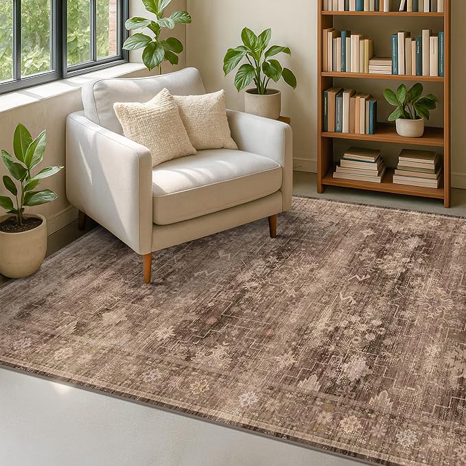 Hazo Haus Boho Taupe Brown 5x7 Living Room Rug - Modern Vintage Traditional Oriental Neutral, Washable Low Pile Non-Slip Large Area Rugs for Nursery Dining Under Table