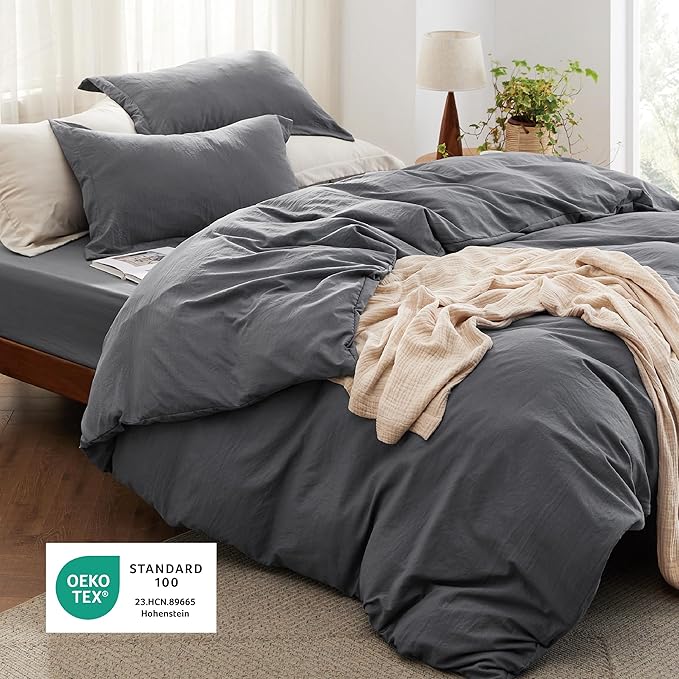 Bedsure Duvet Cover Queen Size with Fitted Sheet - 4 Pieces Prewashed Cotton-Like Extra Soft Bedding Set, Includes 1 Duvet Cover 90x90 Inches, 2 Pillow Shams, 1 Fitted Sheet, Dark Grey