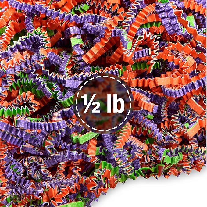 FRILLZ Crinkle Cut Paper Shred Filler for Baskets, Gifts, Packing and Protecting your Easter, Spring Festival, Birthday and other events (1/2 pound, purple orange lime green)