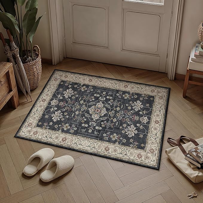 PureCozy Black 2x3 Area Rug Washable Entryway Vintage Carpet Small Indoor Door Mat Kitchen Non Slip Low Pile Thin Soft Stain Resistant Accent Throw Rug for Bathroom Entrance Bedroom Office Living Room