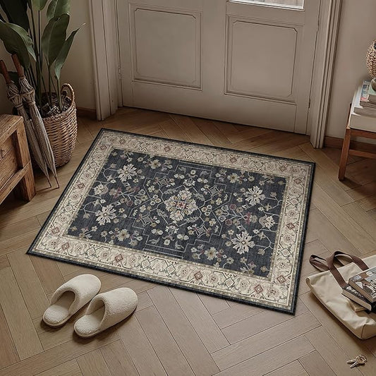 PureCozy Black 2x3 Area Rug Washable Entryway Vintage Carpet Small Indoor Door Mat Kitchen Non Slip Low Pile Thin Soft Stain Resistant Accent Throw Rug for Bathroom Entrance Bedroom Office Living Room
