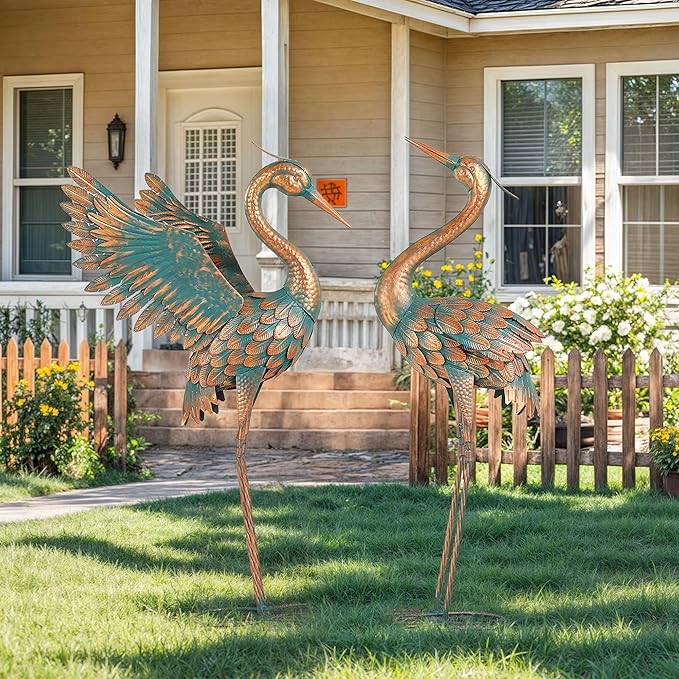 Extra-Large 36.8" Metal Crane Garden Statue, Handcrafted Blue Heron Decor Sculptures with Stable U-Ground Stakes, Backyard Decoration, Metal Garden Bird Animal Yard Art, Lawn Ornament Decor