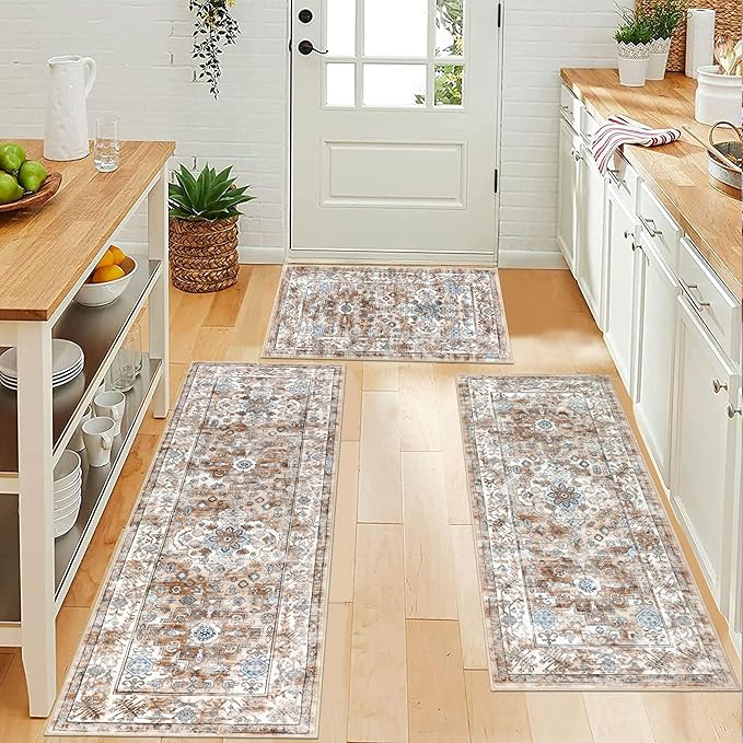 Pauwer Kitchen Rugs Sets of 3 Non Slip Washable Kitchen Mats for Floor Farmhouse Kitchen Floor Mat Runner Rug Boho Kitchen Sink Rug Carpet for Kitchen Hallway Laundry Room, Vintage Cream Tan
