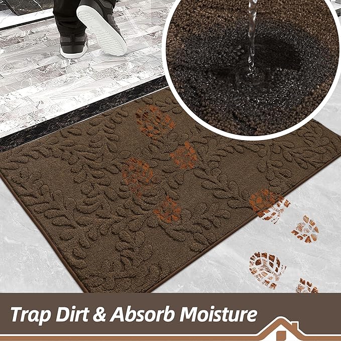 BEQHAUSE Dirt Trapper Door Mats 24”x36”, Non-Slip TPR Backing Dog Doormat, Super Absorbent Welcome Mat for Front Door, Muddy Shoes & Paws, Washable Entry Rugs, Brown