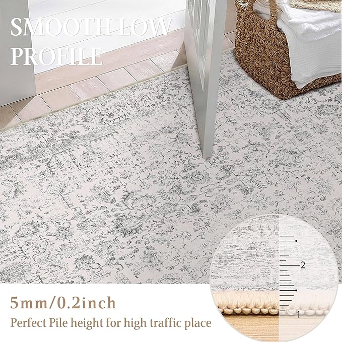 PureCozy Grey Round Area Rug 3ft Entryway Door Mat Small Circle 3x3 Kitchen Vintage Carpet Non Slip Indoor Bedroom Washable Distressed Floral Retro Accent Throw Rug Office Bathroom