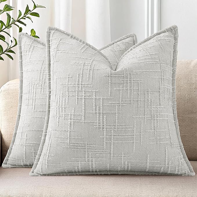 decorUhome Chenille Throw Pillow Covers 16x16 Set of 2, Thick Textured Slubby Neutral Decorative Pillow Covers with Elegant Design for Couch, Sofa, Living Room, Light Grey