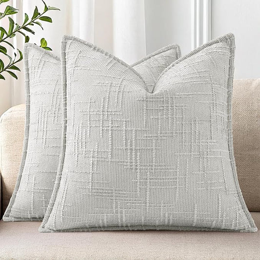 decorUhome Chenille Throw Pillow Covers 16x16 Set of 2, Thick Textured Slubby Neutral Decorative Pillow Covers with Elegant Design for Couch, Sofa, Living Room, Light Grey