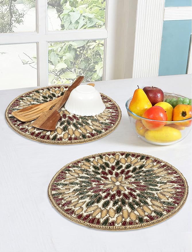Beaded Charger 13" Round Floral Marigold – Gold, Red, Green, Placemats for Dining Table, Beaded Charger, Holiday & Christmas Décor