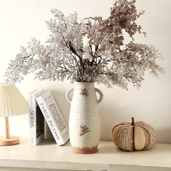 Ceramic Flower Vase with Handles, 12 inch Tall Vase for Centerpieces, Large Decorative Terracotta Vases, Farmhouse Rustic Vases for Home Decor, Living Room, Table, Neutral