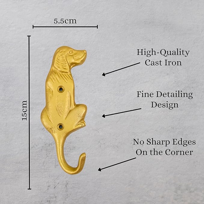 Set of 3 Cast Iron Dog Shape Coat Hooks Wall Art Decor-Dog Shape Hangers and Key Holder-Clothes Rack and Backpack Hanger-Coat Hooks Home Decor for Storage, Living Room,Hallway (Gold Finish)