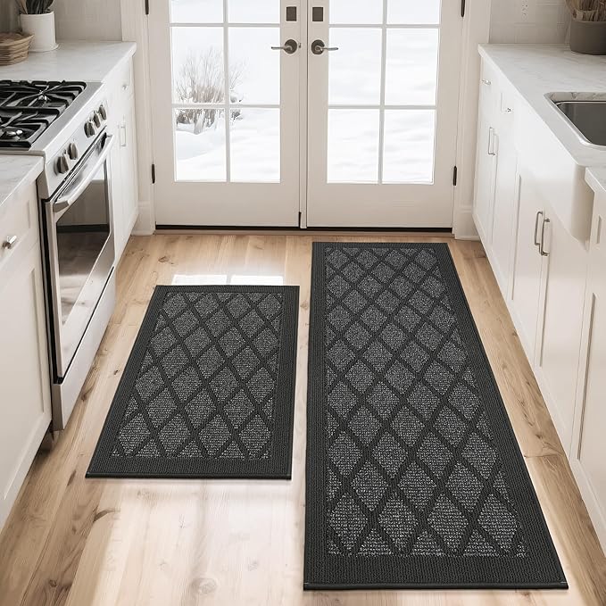 COSY HOMEER Kitchen Mats, 2 PCS Kitchen Rug Non Slip Washable, Absorbent Runner Rugs for Kitchen Floor, 100% Polypropylene Kitchen Sink Rug 24"x36" + 24"x60"(Dark Grey)