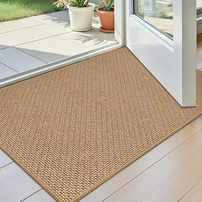 StepAura Indoor Ultra Thin Door Mat 17"x29", Low Profile Non Slip Rubber Backing Front Door Mat Indoor Entrance, Beige