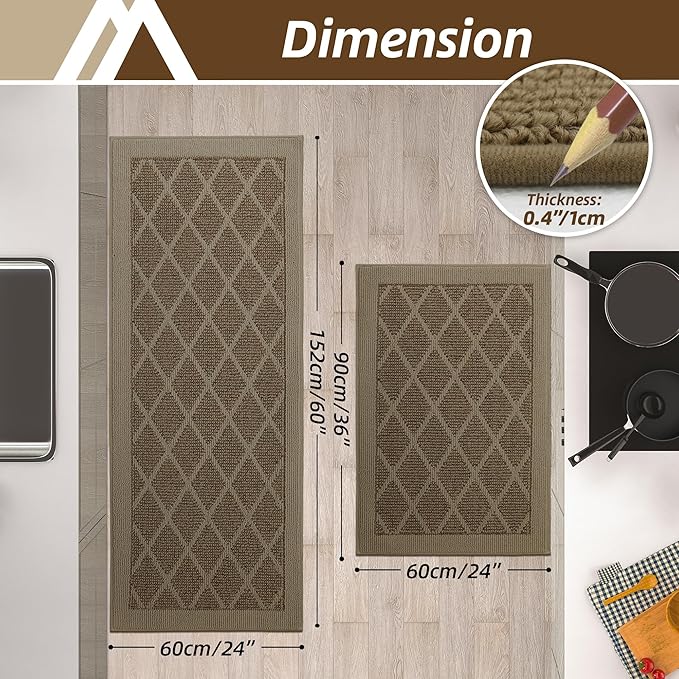COSY HOMEER Kitchen Mats, 2 PCS Kitchen Rug Non Slip Washable, Absorbent Runner Rugs for Kitchen Floor, 100% Polypropylene Kitchen Sink Rug 24"x36" + 24"x60"(Beige)