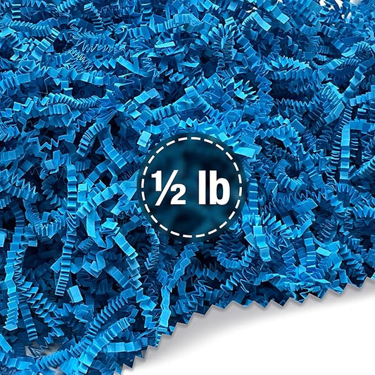FRILLZ Crinkle Cut Paper Shred Filler for Baskets, Gifts, Packing and Protecting your Birthday, Weddings, Anniversary, Valentines Day, and other gifts (1/2 pound, Blue)