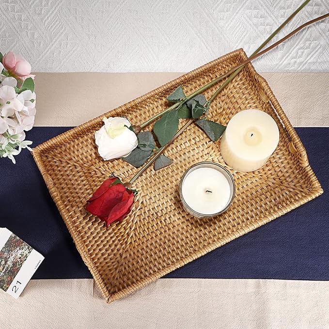 Hipiwe Rattan Serving Tray with Handles - Hand-Woven Decorative Tray for Storage Breakfast, Drinks, Snack,Rectangular Basket Organizer Tray for Coffee Table, Home Decor (Medium)