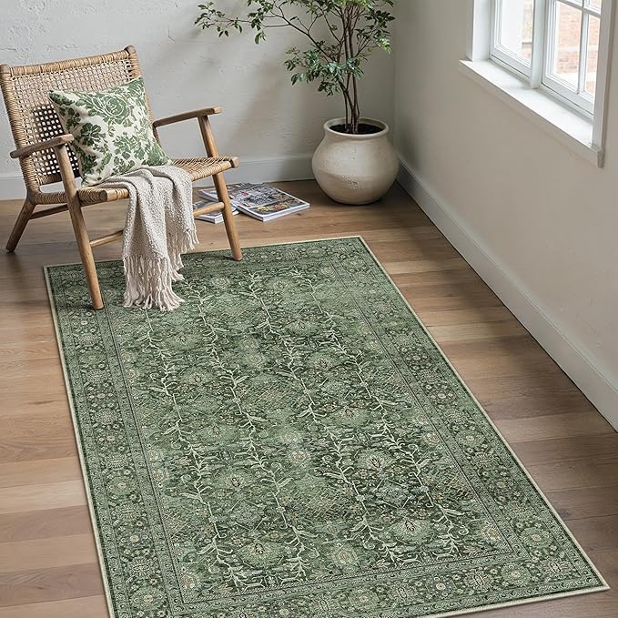 PureCozy Green Area Rug 4x6 Washable Office Entryway Carpet Soft Vintage Indoor Kitchen Living Room Door Mat Traditional Retro Distressed Thicker Throw Small Rug Bedroom Dining Room Bathroom