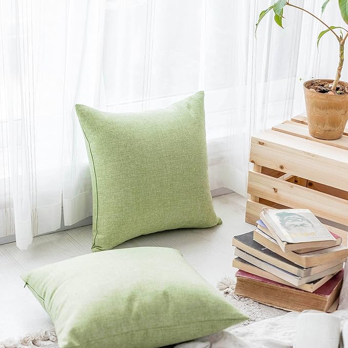 Home Brilliant 24x24 Spring Pillow Covers Sage Decorative Pillows for Bed Burlap Solid Linen Euro Sham Covers Sage Cushion Covers for Bench Decor, 60 cm, 2 Packs, Grass Green