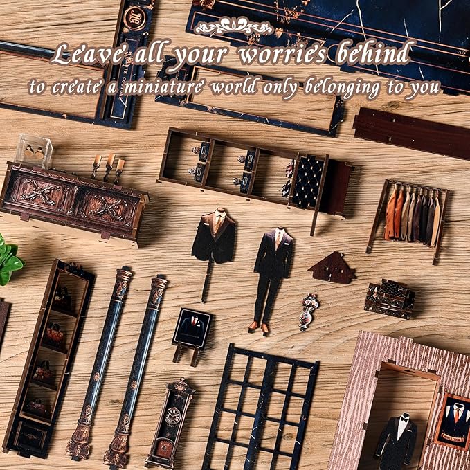 DIY Book Nook Kit - DIY Miniature Dollhouse Kit 3D Wooden Puzzles Gentleman's Clothing Store, Tiny House Bookshelf Decor with LED, Gift for Adults Teens - Golden Section Line