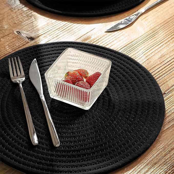 Art PineCone's Woven Cotton Rope Round Placemats Set of 4 with Holder Included, Non-Slip, and Heat Resistant Shabby Chic Placemats (Black, 13 inch)