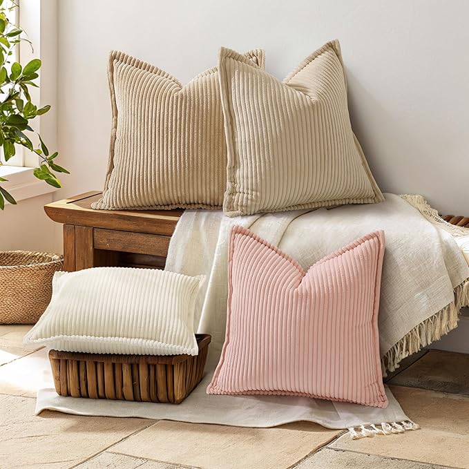 decorUhome Spring Corduroy Light Brown Euro Sham Throw Pillow Covers 22x22 Set of 2 Decorative Soft Boho Farmhouse Couch Pillow Covers for Living Room Bed Sofa Broadside Striped Pillow Cases